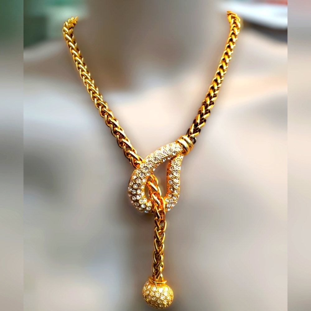 Vintage Stamped Crystal Encrusted Heavy Rope Chain Lariat Style Necklace